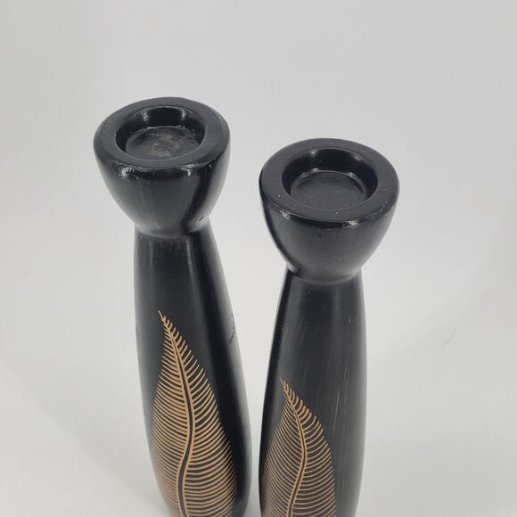 Tall Ceramic Candlestick Set of 2 Black Gold Fern - Picture 3 of 5
